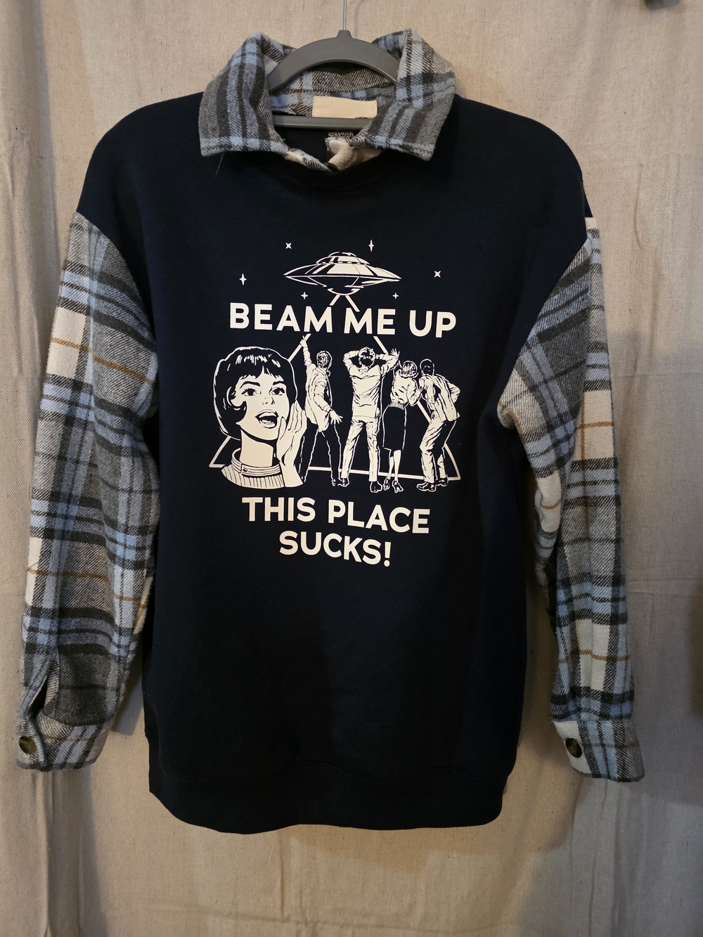 Upcycled Stranger Things Navy Sweatshirt with Plaid Sleeves